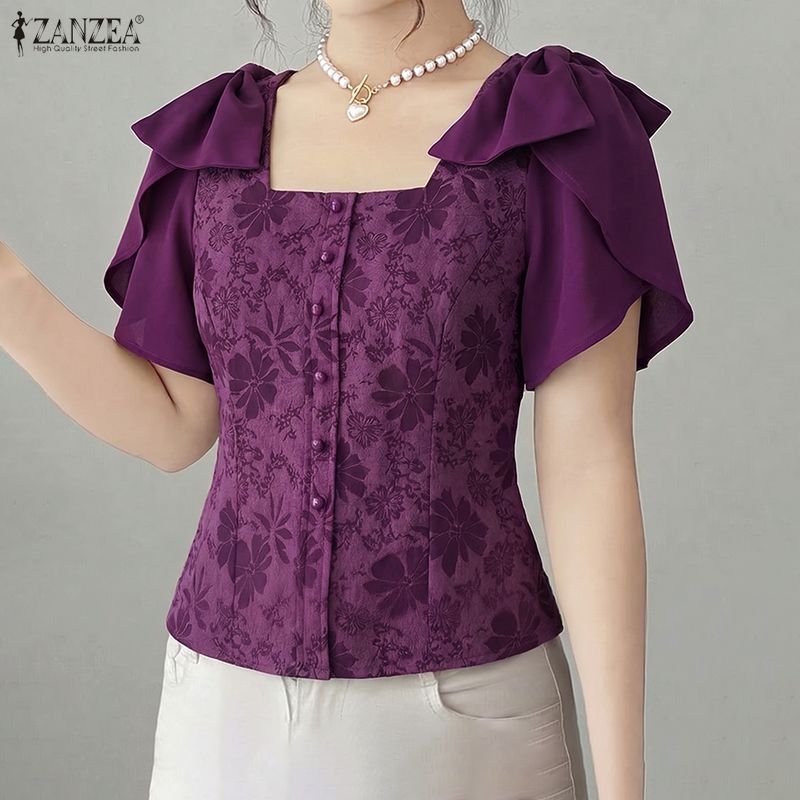 Summer De Clothing - ZANZEA Vrouwelijke elegante bloemenjacquard blouses vierkante
