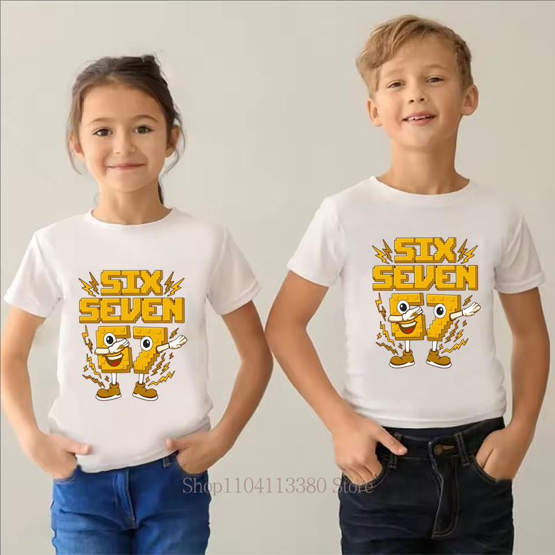 Yellow Summer Clothing - Geel Zes Zeven Print Kinder T-shirt