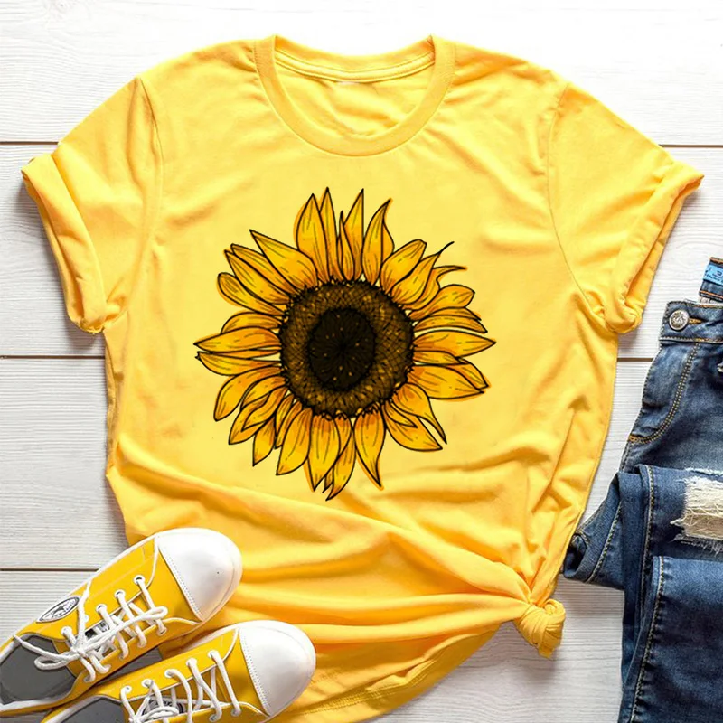 Yellow Summer Clothing - Geel dames T-shirt Zonnebloem Bee Esthetisch